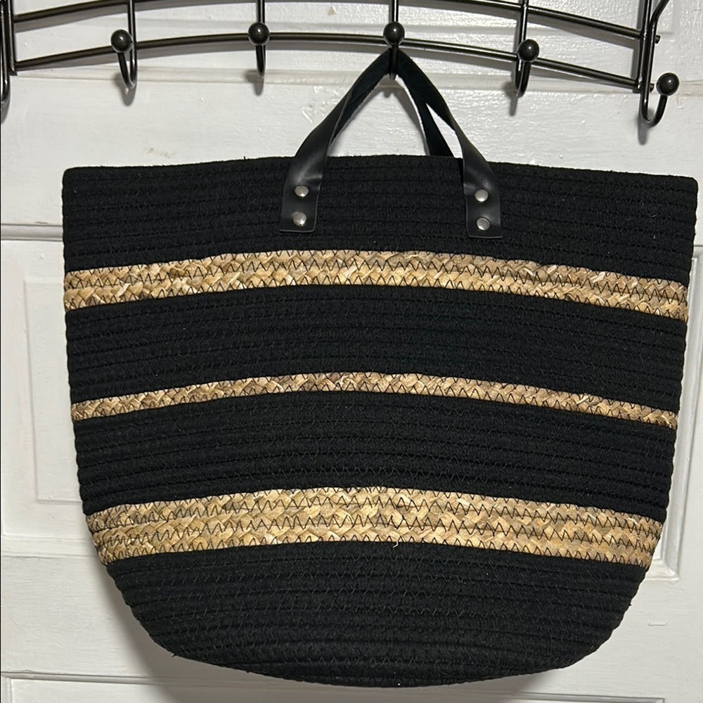 Black and Tan Tote with Woven Stripes